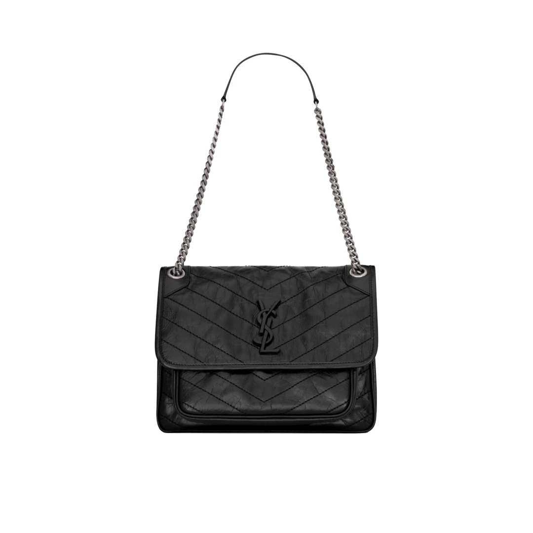 99新 YSL/圣罗兰 Niki黑银牛皮 中号/小号 单肩手提