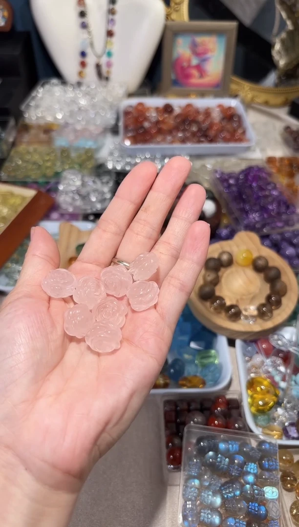 水晶手串未镶嵌粉水晶山茶花双面宽卡14单颗