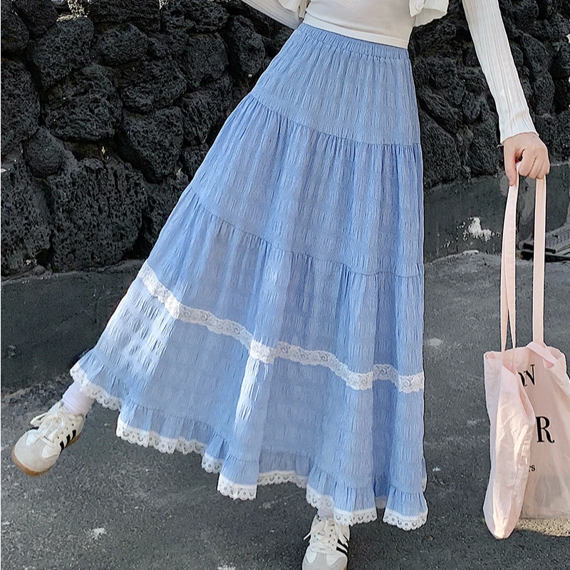 森系蕾丝荷叶边蓝色a字半身裙春季2025款超仙女度假风垂感长裙潮