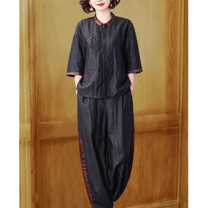 高端龟裂纹桑套装女凉爽不贴身夏新款中式复古上衣两件套妈妈