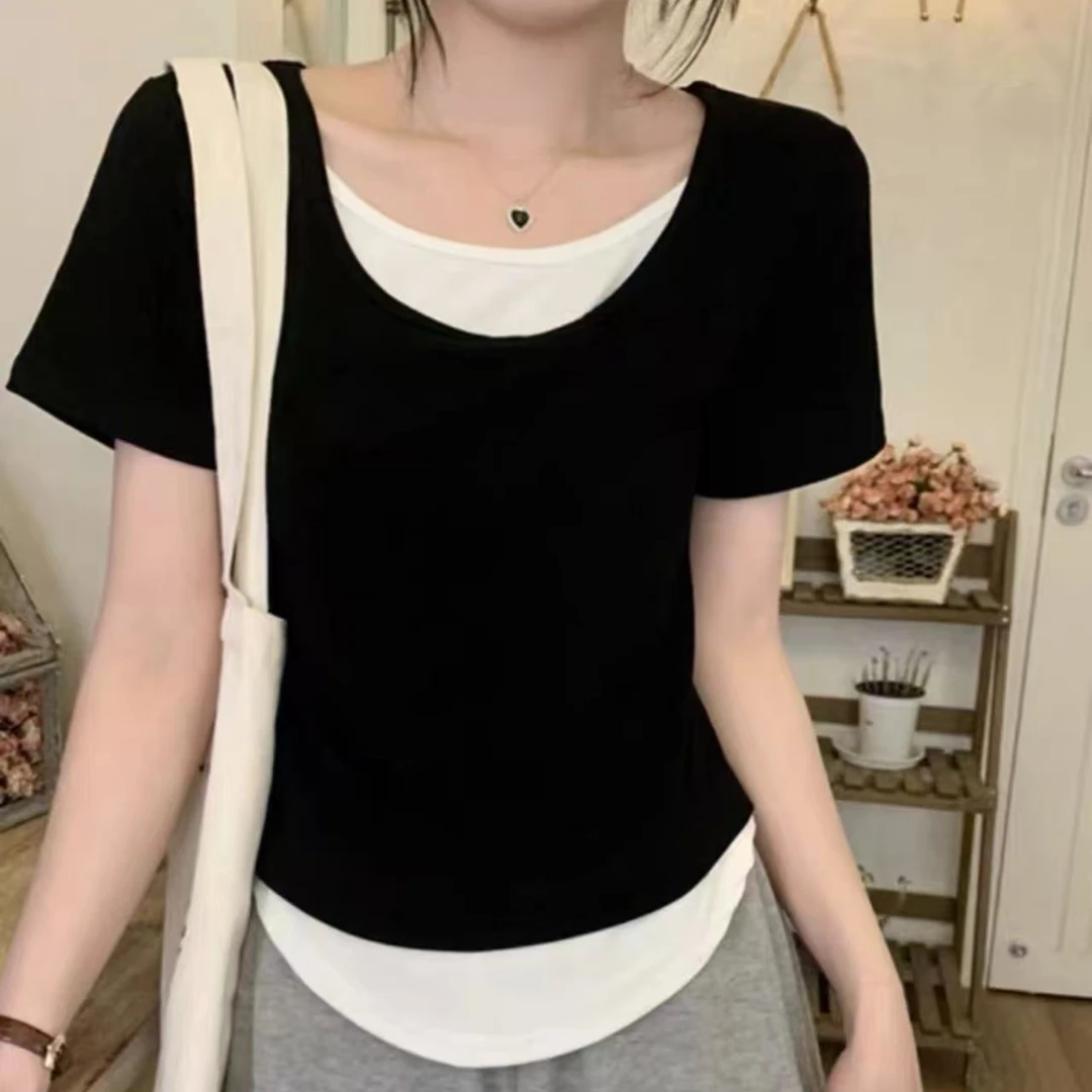 8661-V领假两件（黑色）莫代尔T恤