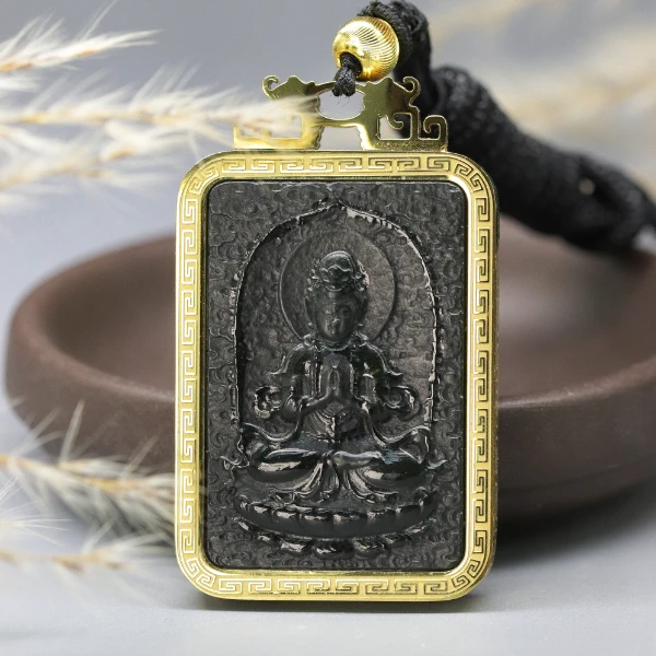 新疆和田玉吊坠观音菩萨镶嵌无事牌上等和田玉吊坠平安牌玉石Y830