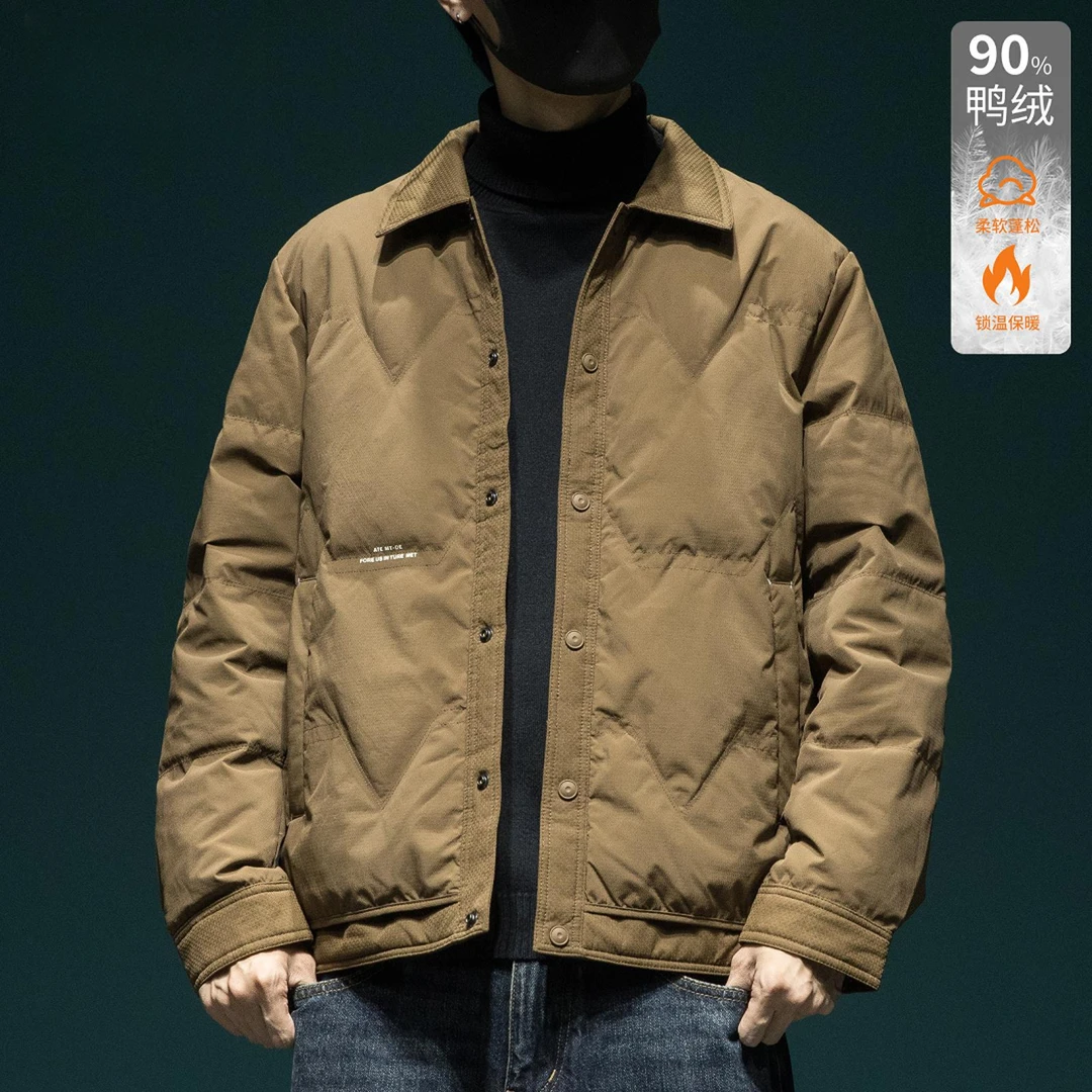 国潮新中式休闲羽绒服男士2025冬季新款90白鸭绒保暖衬衫领外套男