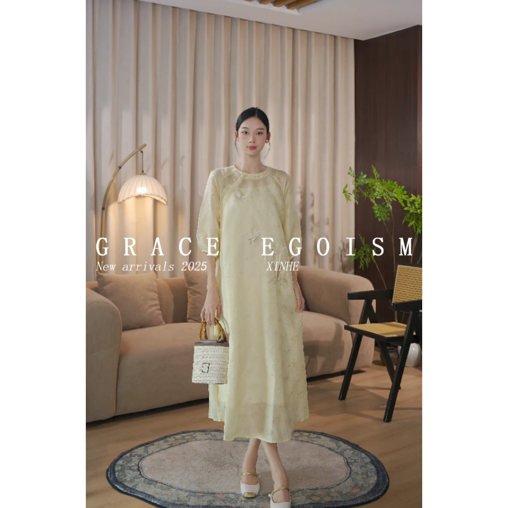 金禾【兰香蝶影】夏季国风气质蝴蝶提花刺绣改良旗袍连衣裙3421