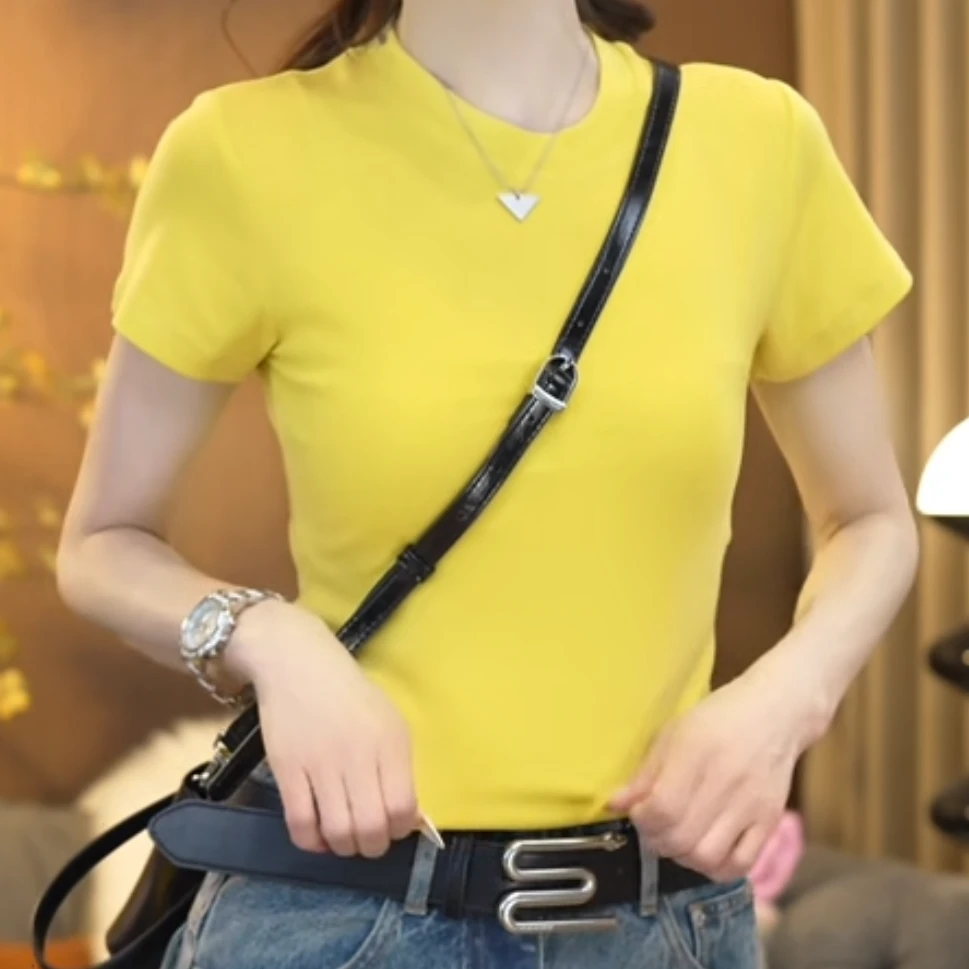 设计感多巴胺纯色简短袖T恤女2025新款春夏约修身显瘦百搭上衣