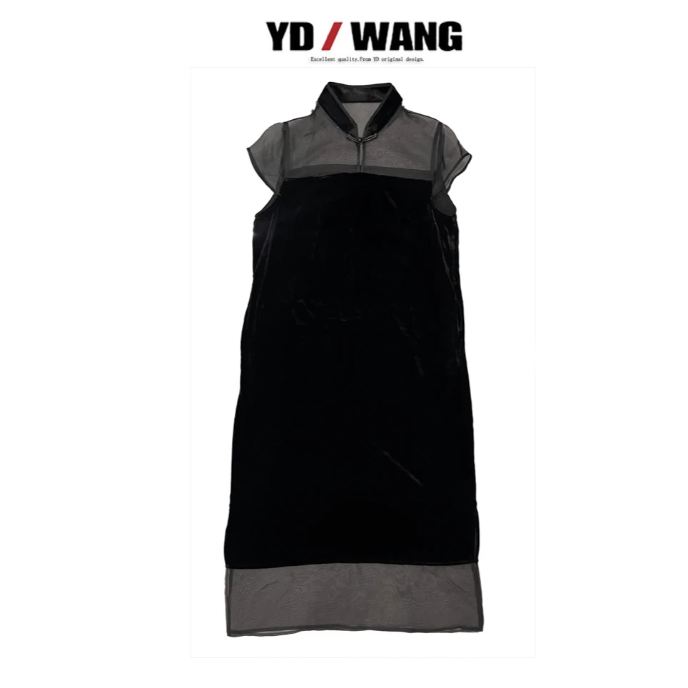 【YD精选】东方韵真丝拼接立领连衣裙   设计款时尚休闲小众气质