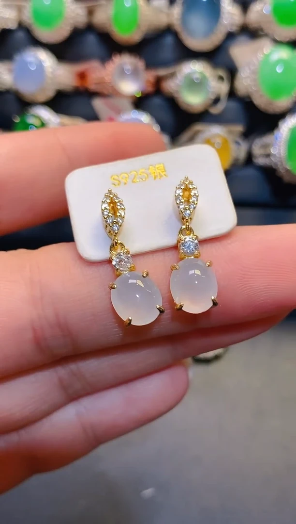 银S925镶嵌翡翠耳饰天然