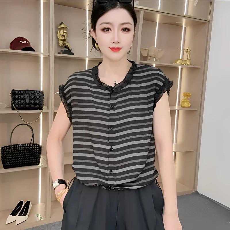 【众帆女装2】夏季荷叶边薄款冰爽条纹显瘦小衫幂式穿搭百搭短袖