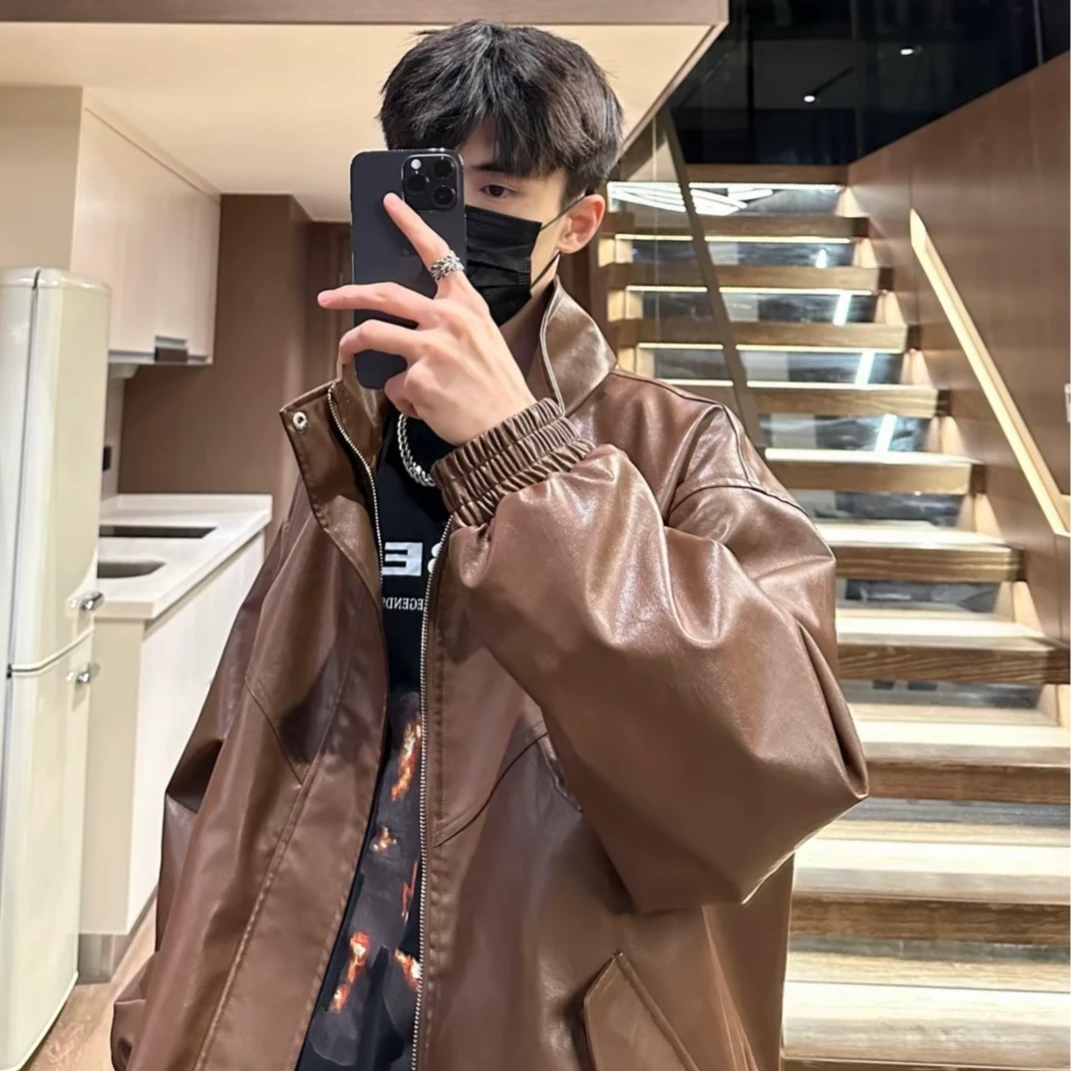 2025新款情侣机车服宽松上衣夹克复古男女皮衣外套休闲运动夹克