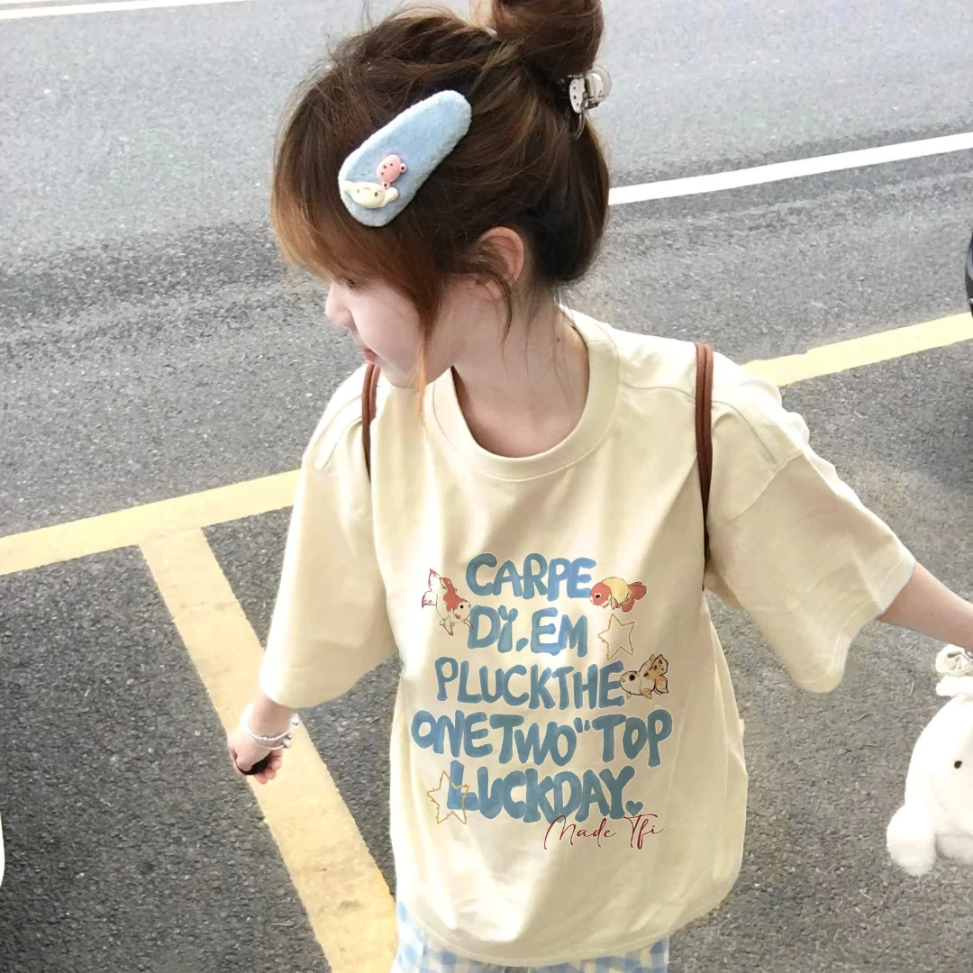 新款印花纯棉短袖T恤百搭洋气衣服女减龄气质宽松圆领半袖上衣