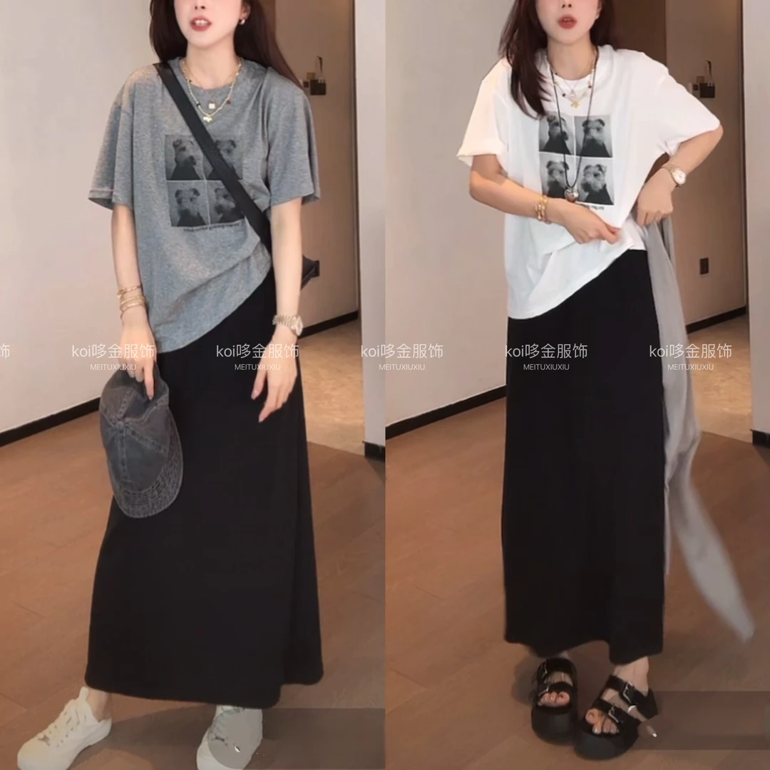 欧货卡通印花休闲短袖T恤套装松紧腰显瘦宽松半身裙两件套