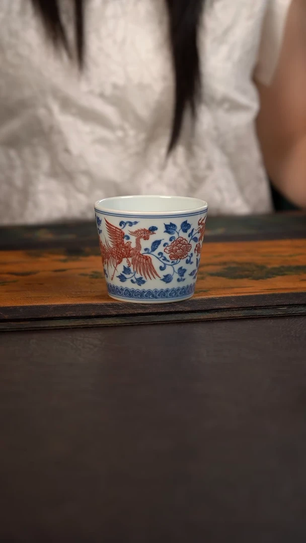 贵红窑青花釉里红龙凤呈祥冰桶杯