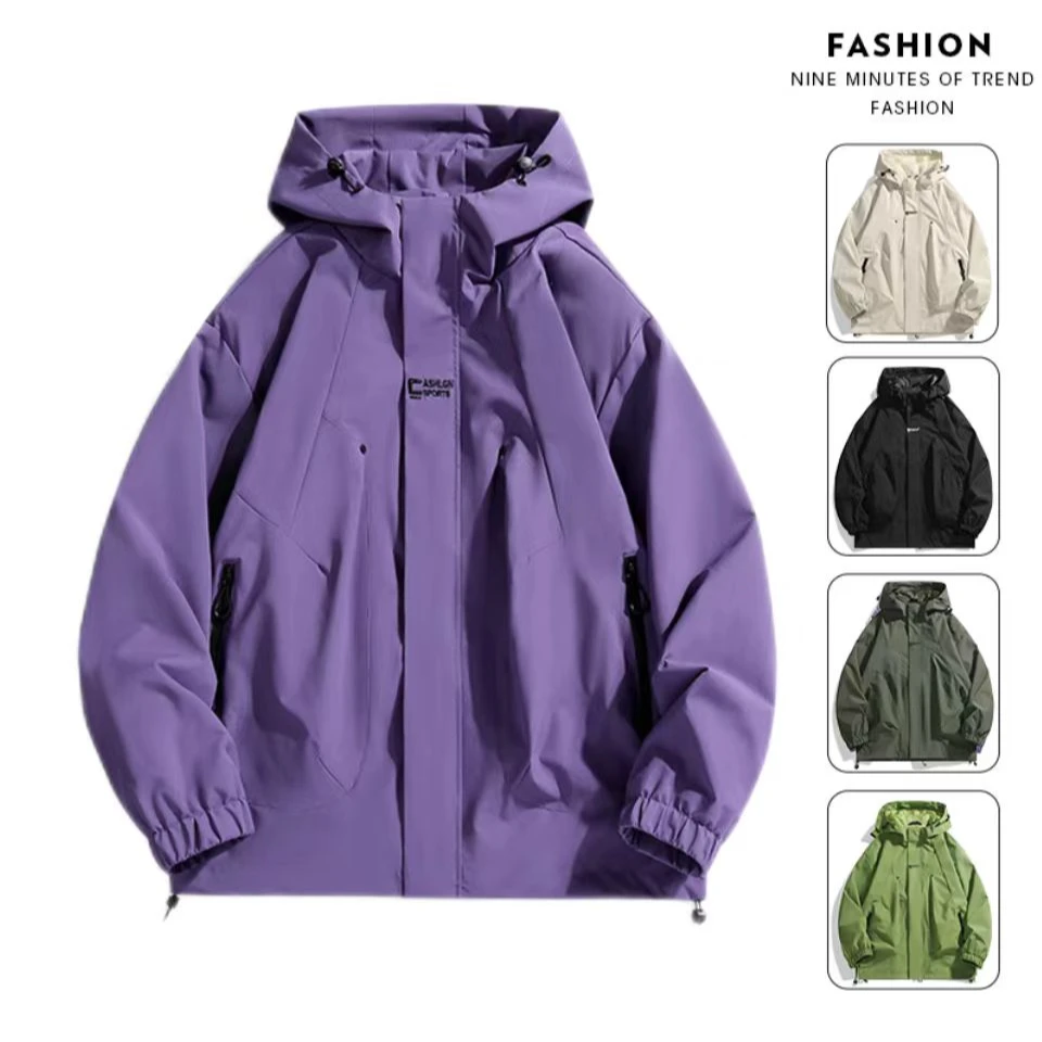 2025户外登山防风防水美式户外连帽宽松情侣冲锋衣外套高级夹克