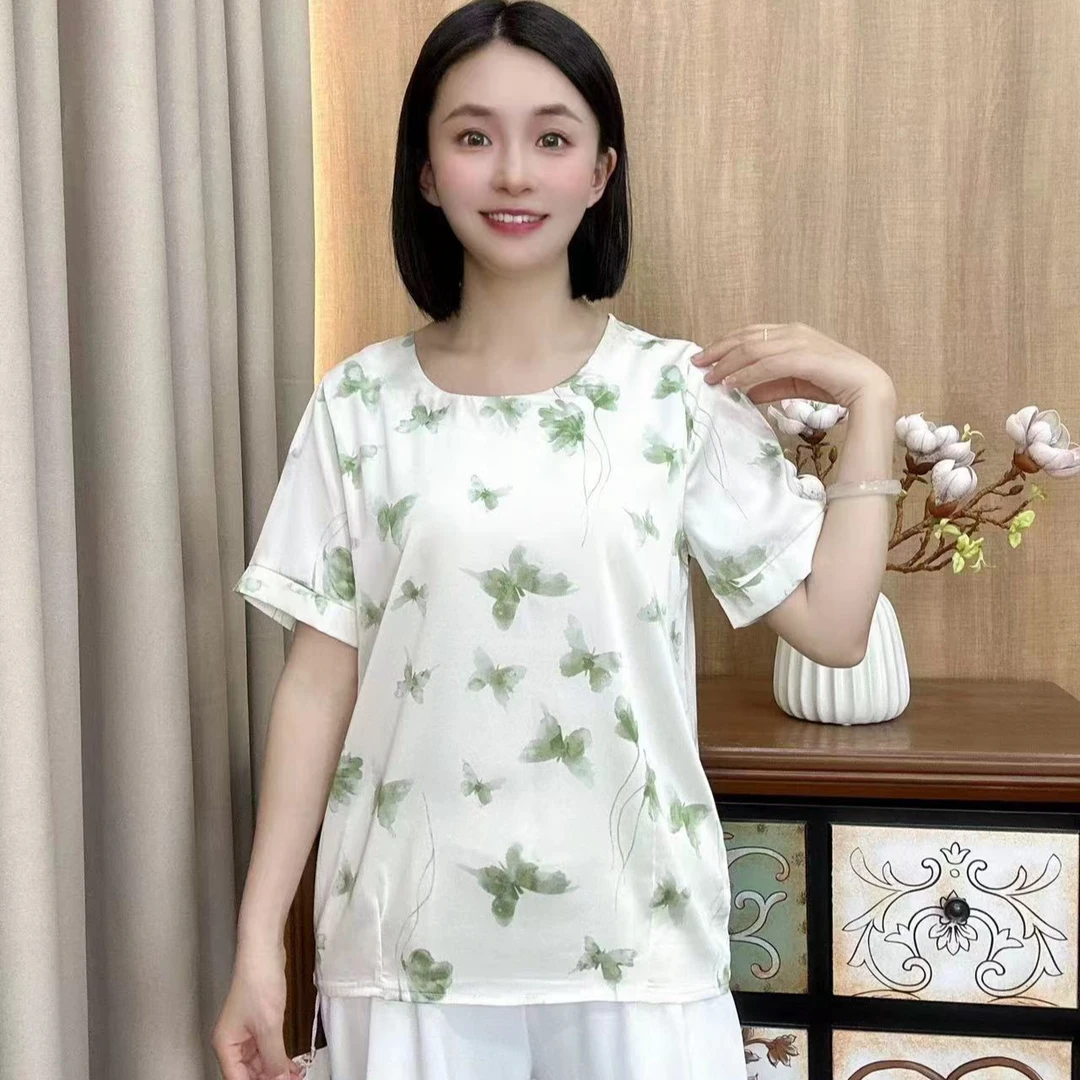 【蝴蝶自来】新款洋气遮肉显瘦气质上衣百搭印花小衫9956