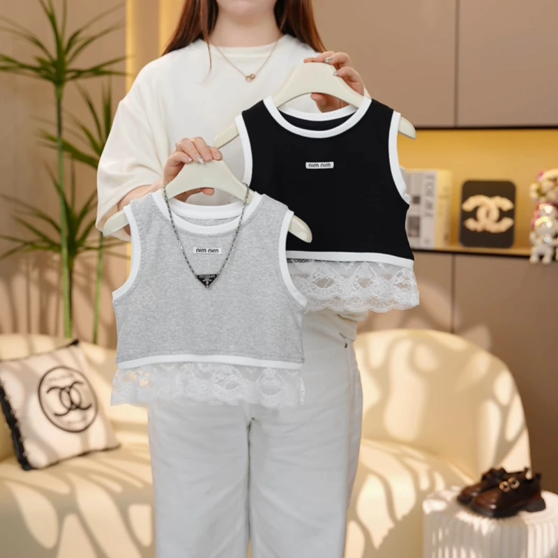 【糖宝魔豆】女童T恤夏装拼接蕾丝背心2025新款洋气女孩时髦上衣薄