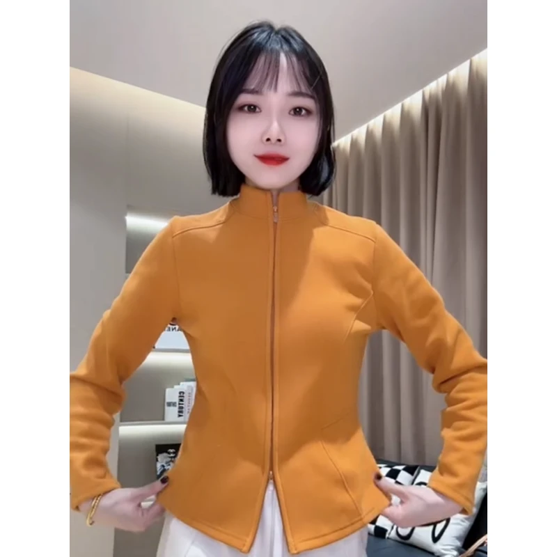欧货秋冬新款韩版加绒立领双向拉链卫衣外套女小蛮腰修身外穿开衫