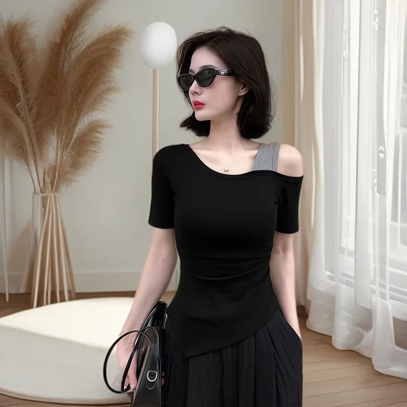 2025夏季新款小众时尚气质不规则上衣露肩修身显瘦休闲短袖T