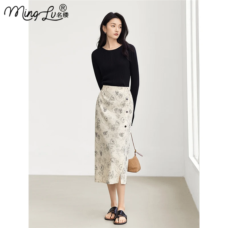 时尚新中式水墨印花直身半身裙女2025年春季新款开叉气质显瘦裙子