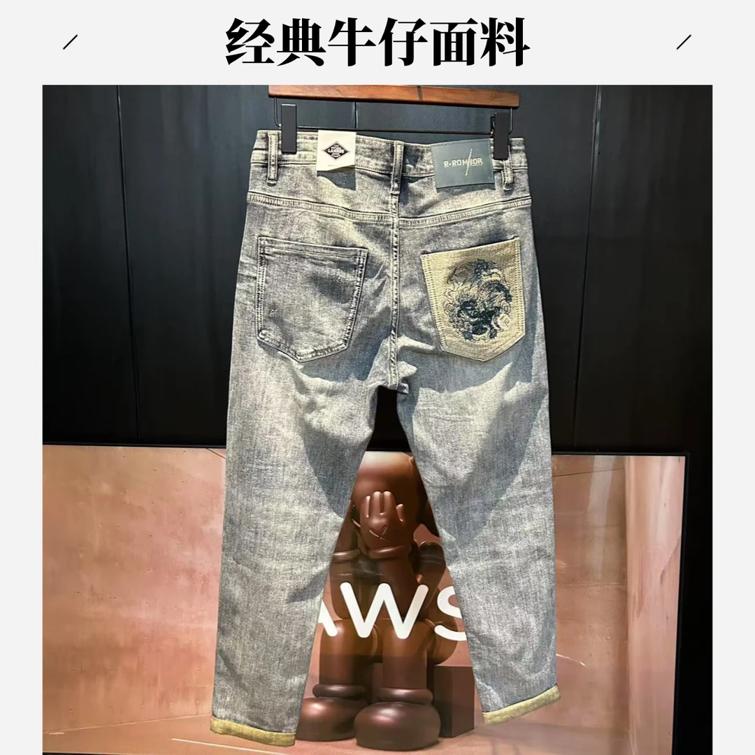 【轻奢】男士春季修身小脚牛仔裤刺绣百搭款