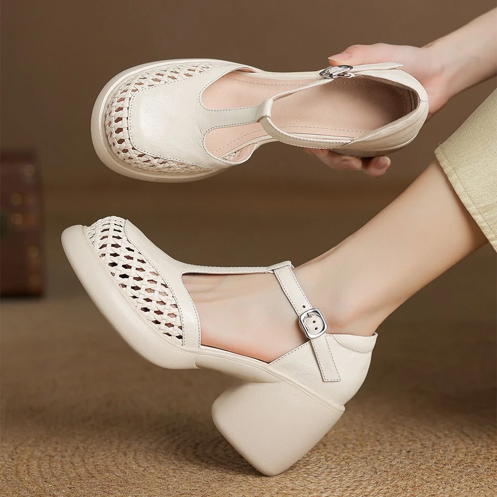 包头凉鞋女夏季新款真皮高跟中空镂空洞洞鞋厚底粗跟丁字带高跟鞋