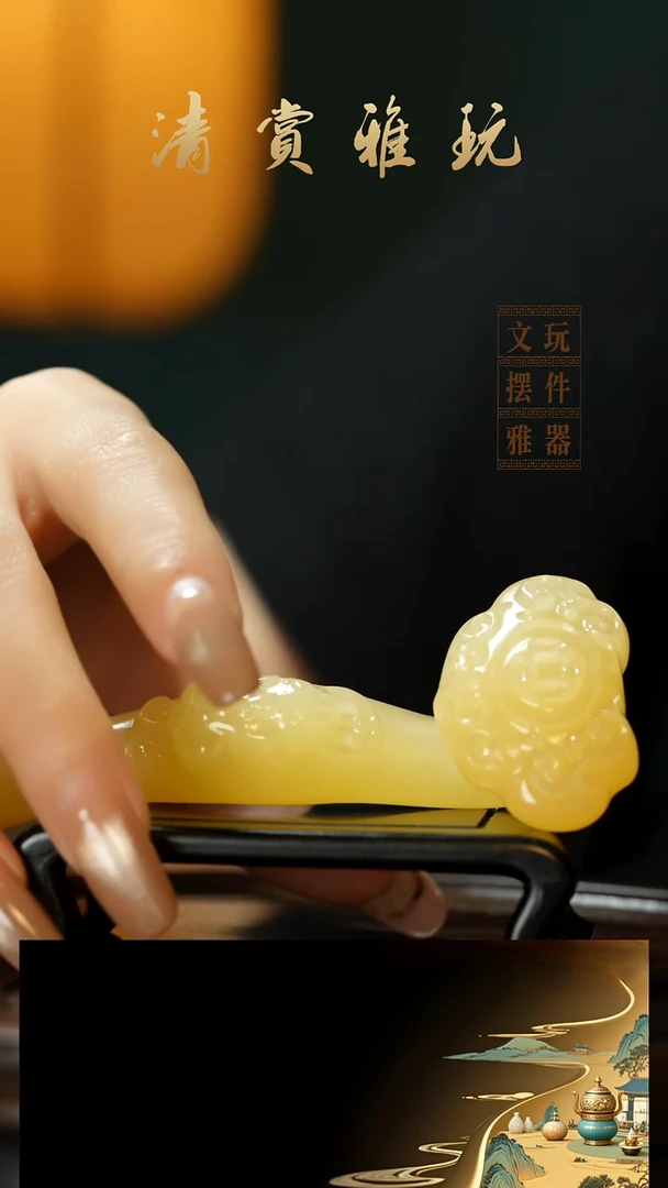 玉《金田黄如意》手把件摆件