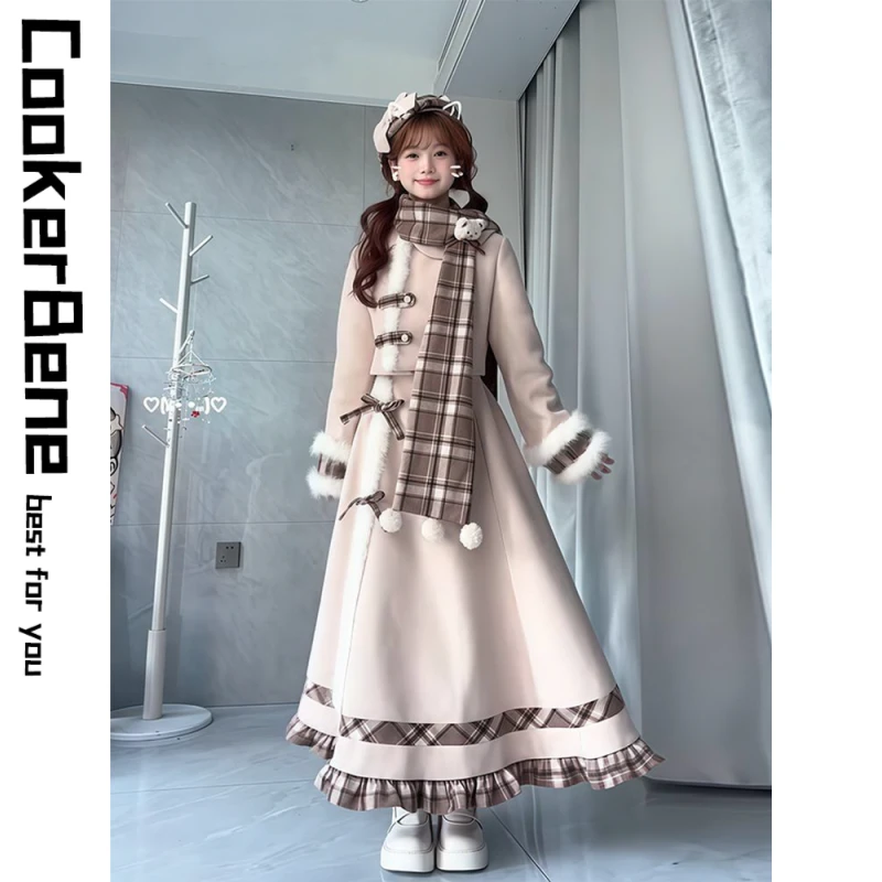 公主风秋冬新款氛围感穿搭甜美可爱格子拼接围巾外套长裙毛呢套装