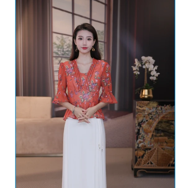 SUSSI/古色【橙落星辰】碎花V领喇叭中袖印花修身气质夏季收腰上衣