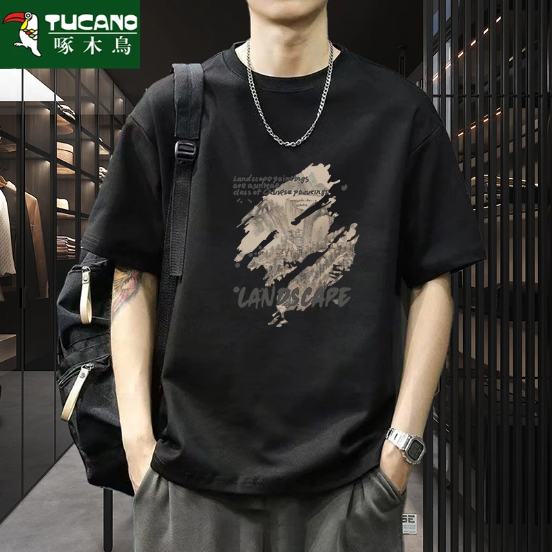 啄木鸟夏季男士短袖t恤港风百搭宽松圆领打底衫体恤大码男装上衣