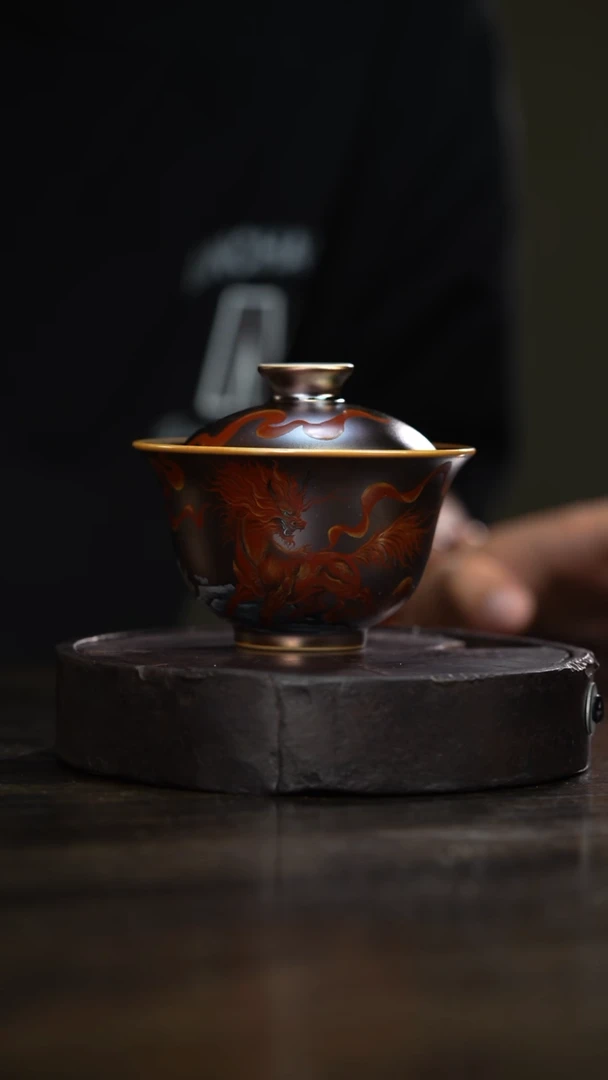 84柴房陶瓷柴烧火麒麟窑宝重工绘画盖碗