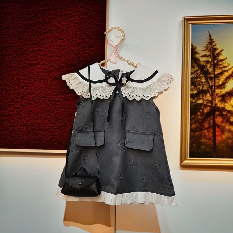 小香风！海军领夏季女童连衣裙优雅印花娃娃领洋气无袖翻领裙子