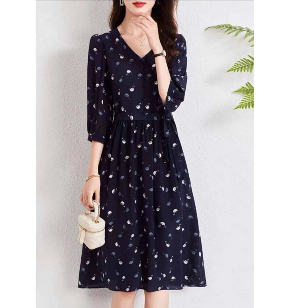 CX 【小天鹅】经典印花连衣裙时尚优雅连衣裙子