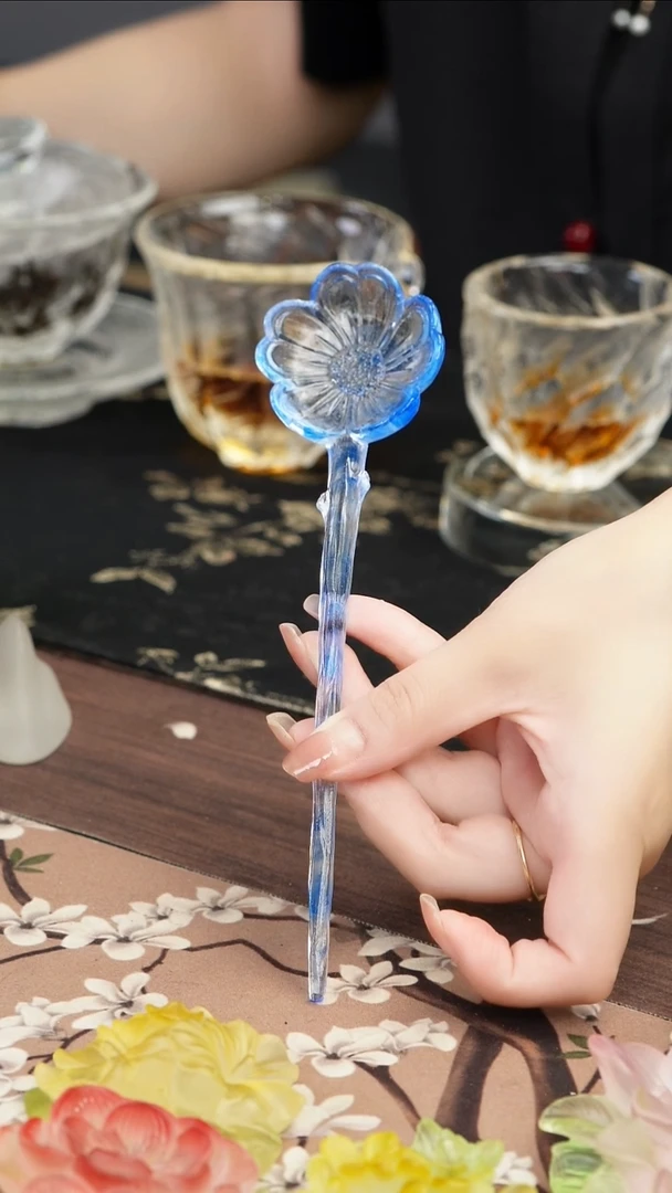 琉璃手工艺品蓝色梅花花朵茶匙