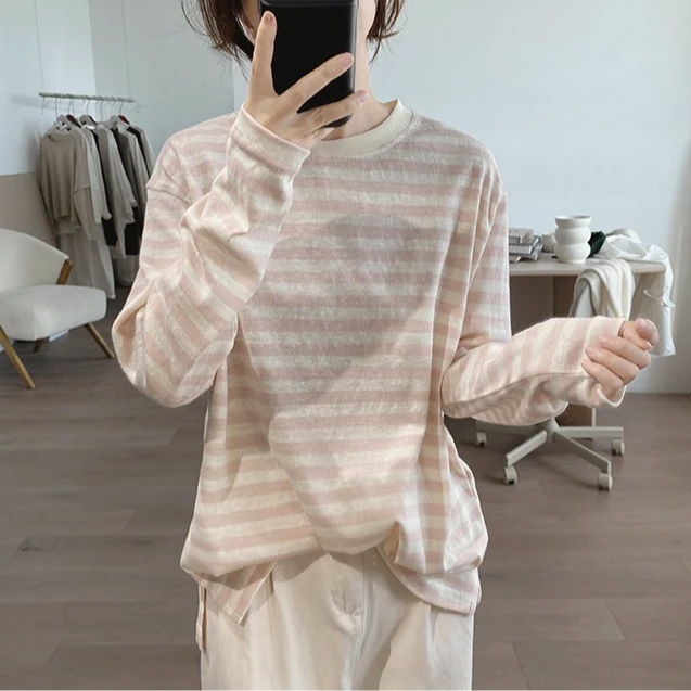 春秋长袖条纹衫女休闲百搭宽松圆领针织外穿薄款时尚内搭女士