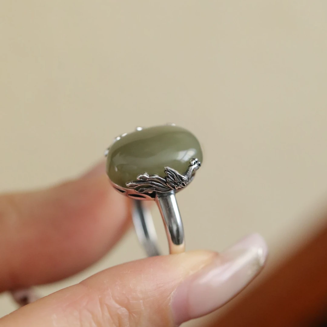 <一禅兄>足银复古做旧和田玉青玉凤凰蛋面戒指经典简约 多样性
