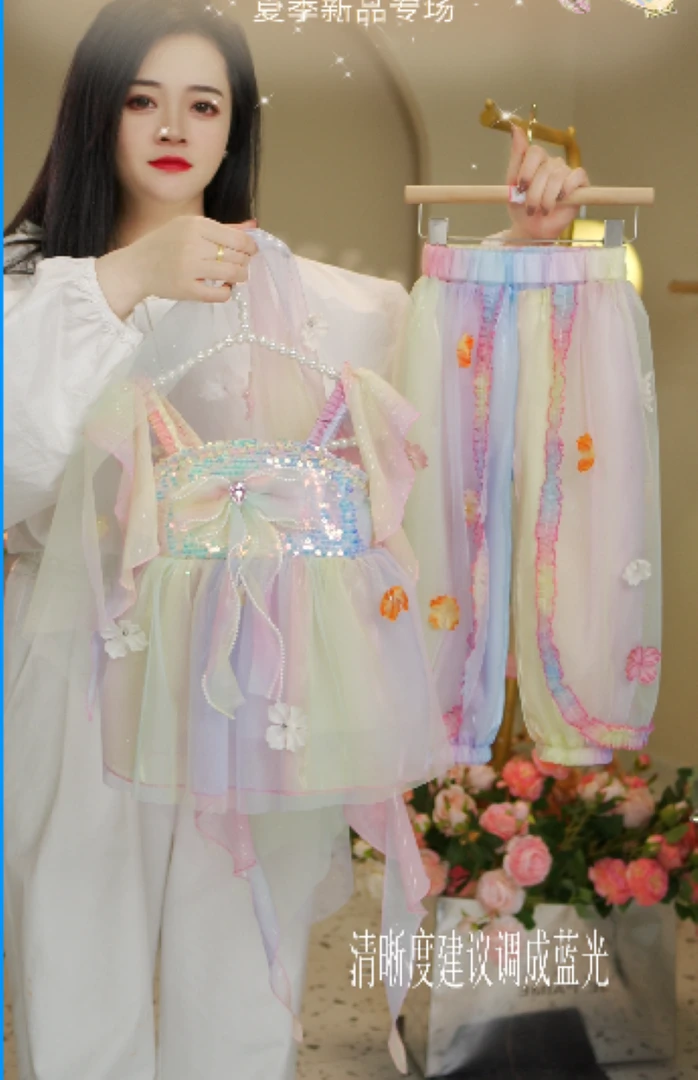 【彩虹糖豆】2025新款女童夏季套装儿童洋气蓬蓬纱