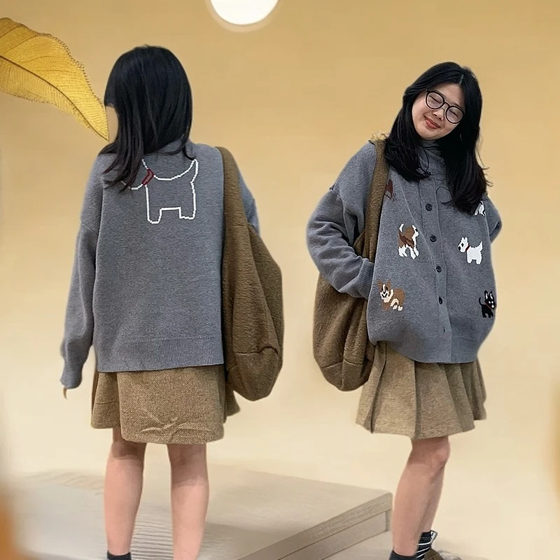 8888灰色针织开衫上衣女春旗季新款复古日系慵懒风宽松毛衣短外套