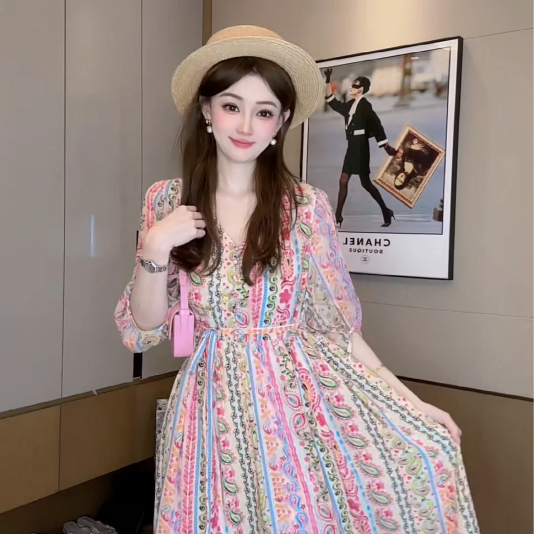 【丝芙玉禄】(S281)100%真丝气质印花彩色桑蚕丝真丝女装连衣裙