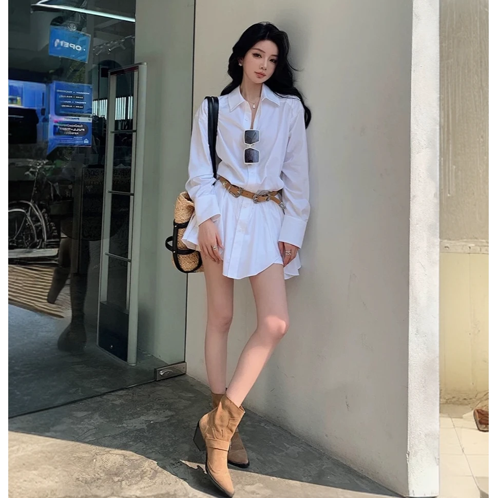 polo领长袖白色衬衫裙女秋季新款收腰不规则A字短裙短裤两件套