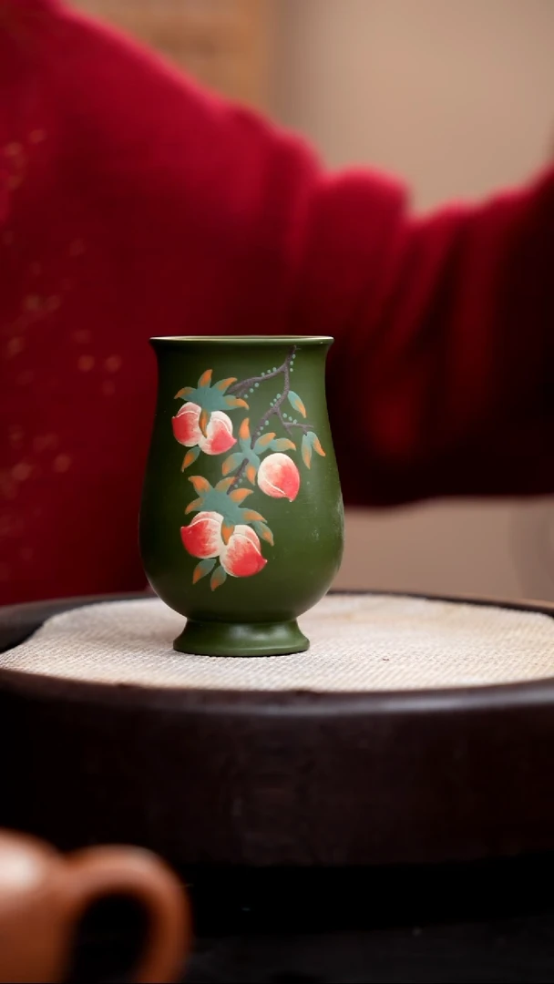 【闪购商品】紫砂茶壶民国绿宝瓶杯泥绘桃子