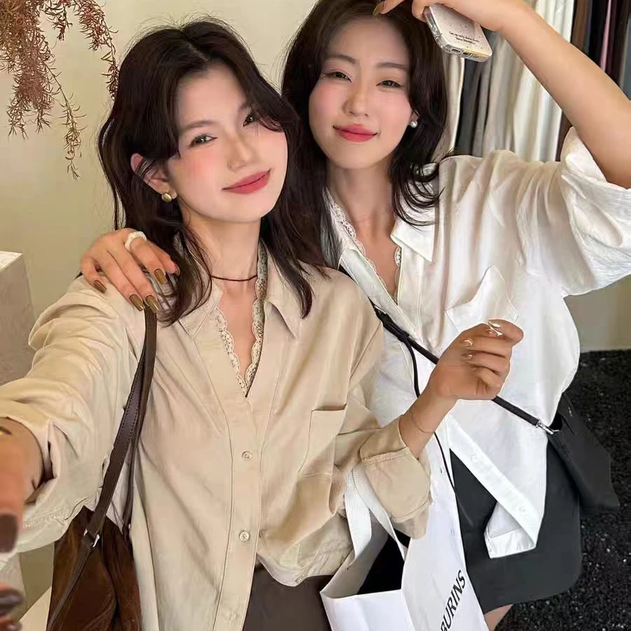 ZHCK设计感蕾丝拼接气质衬衫2025新款高级感纯色衬衣上衣女