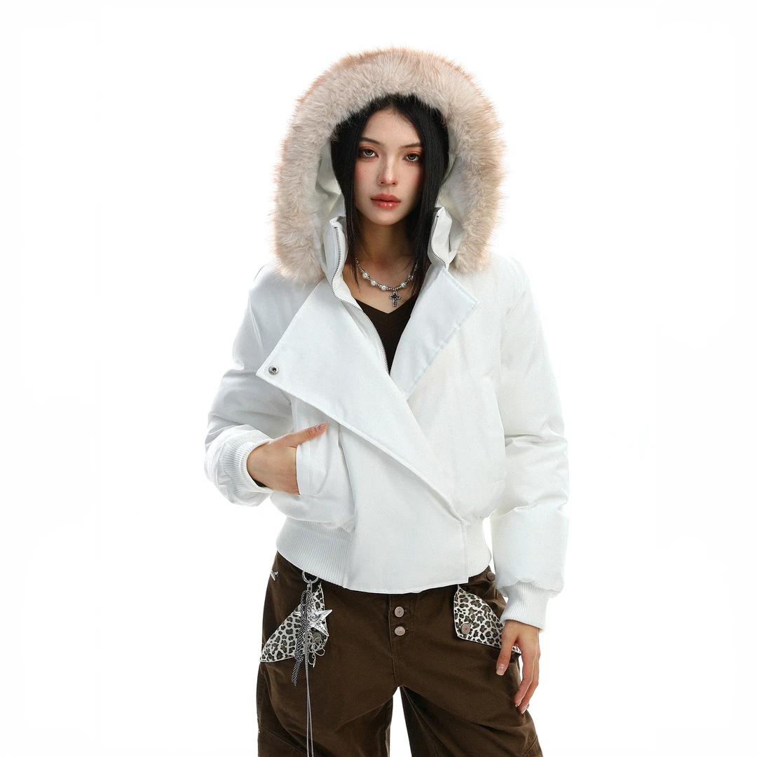 韩系设计感斜门襟2025冬季毛领派克服羽绒棉服女短款加厚棉袄外套