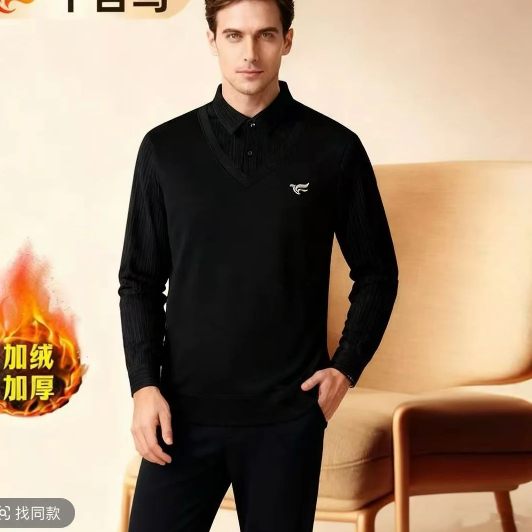 新款刺绣针织条绒拼接假两件男士商务高端衬衫加绒加厚