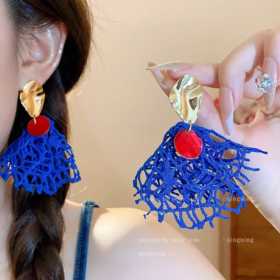 合金布艺耳饰 红蓝撞色小众百搭夸张上镜耳饰手工欧美耳环长款