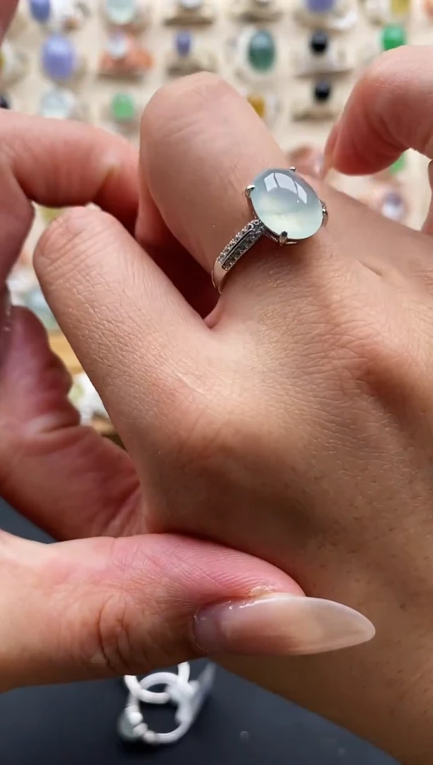 银S925镶嵌戒指翡翠缅甸天然A货翡翠22  8-7