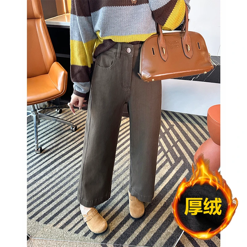复古咖色直筒九分奶奶裤2025早秋琥珀流光风腿粗显瘦阔腿牛仔裤女