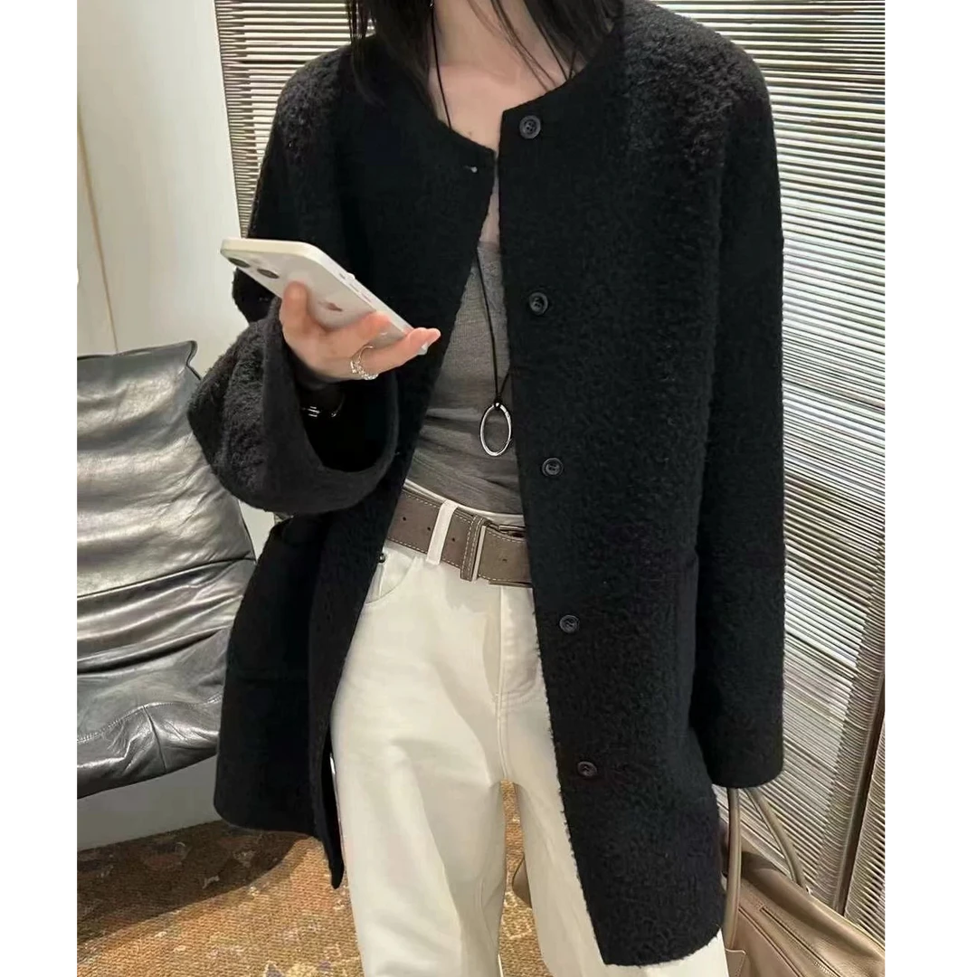 【no退no换 谨慎下单】圆领大口袋苏丽羊驼绒毛呢外套上衣女 W60008