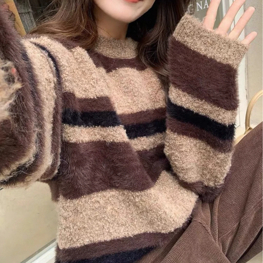 孤品！豆豆专场！圈圈羊毛宽松氛围圆领条纹毛衣加厚软糯上衣