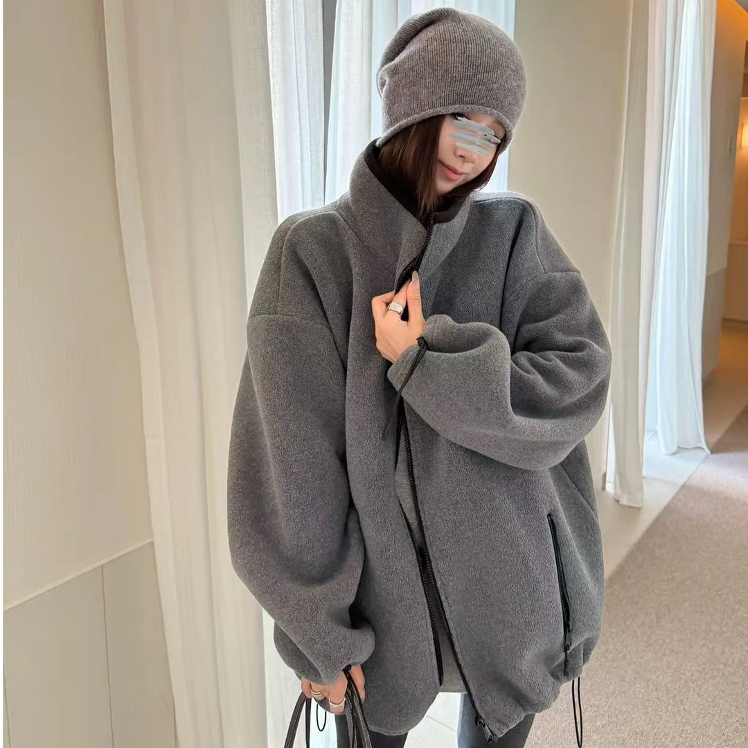 美式户外风盐系加厚双面摇粒绒灰色宽松立领长袖拉链卫衣外套女