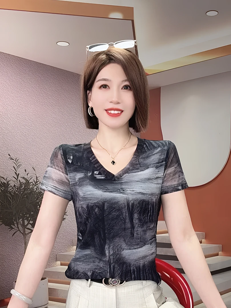 洋气减龄V领扎染网纱短袖T恤女夏装修身显瘦上衣高档欧货半袖小衫