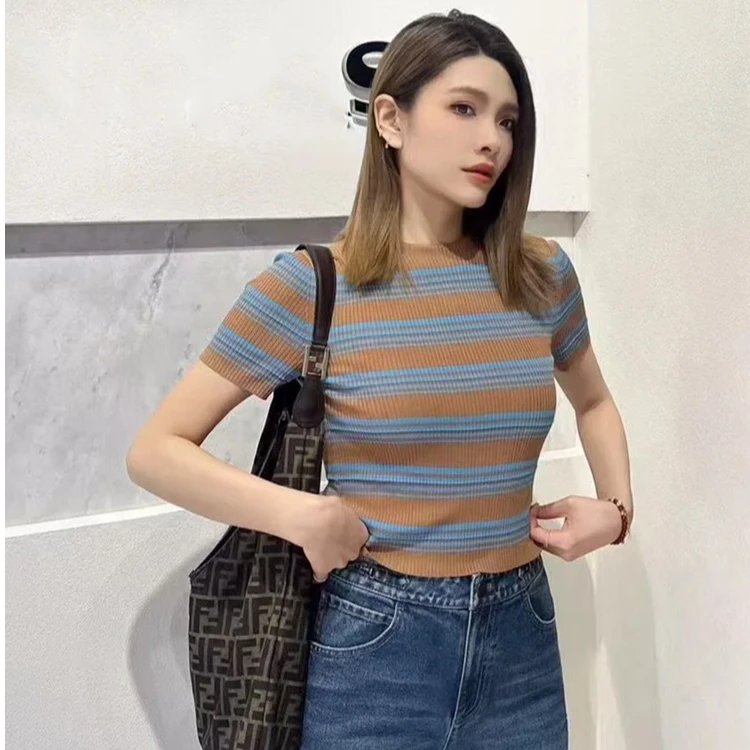 【商场同款】春夏季修身条纹圆领短款针织衫短袖T恤女538047
